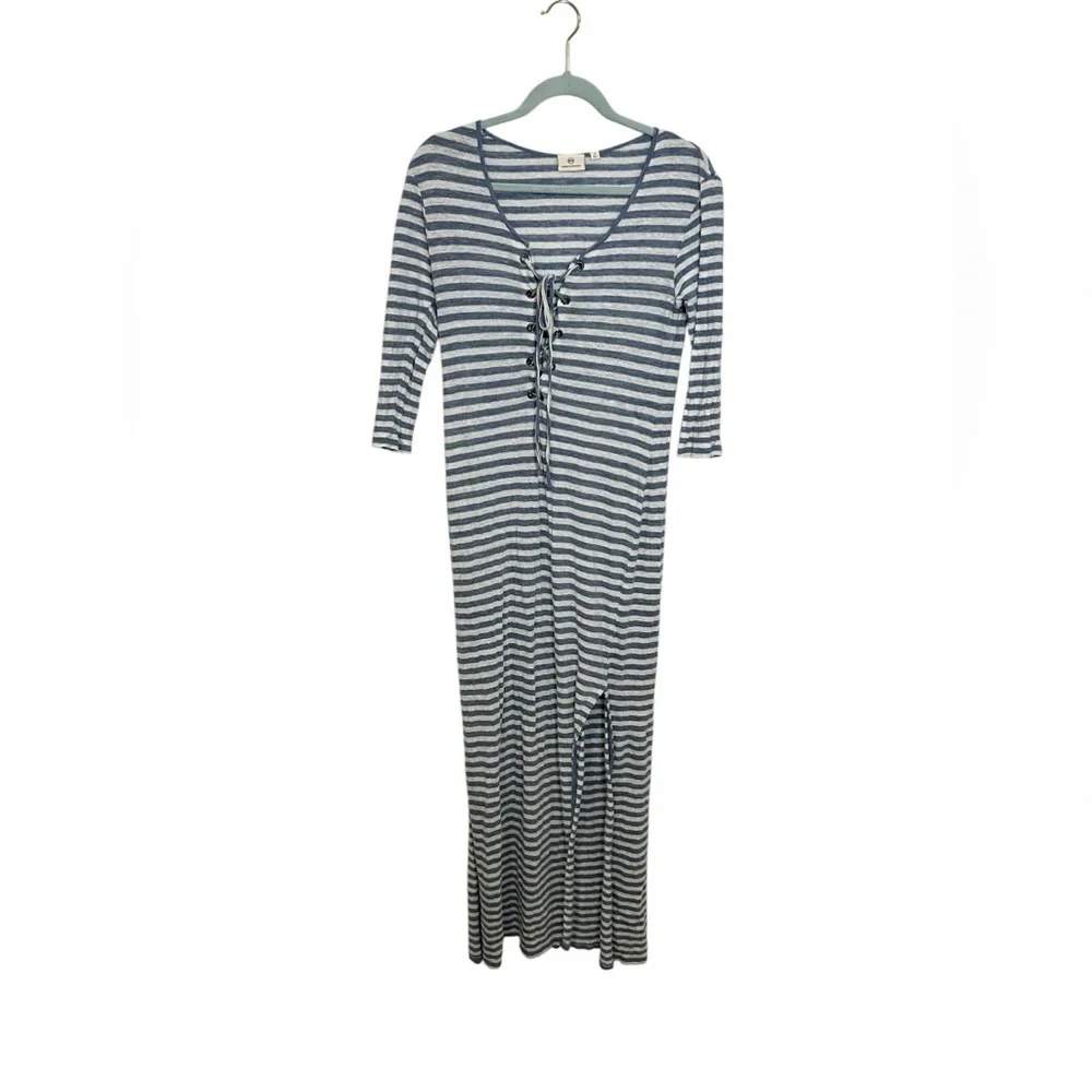 Ag Adriano Goldschmied Linen Blue Striped Lace Up Claude Maxi Dress Size XS - Picture 2 of 15